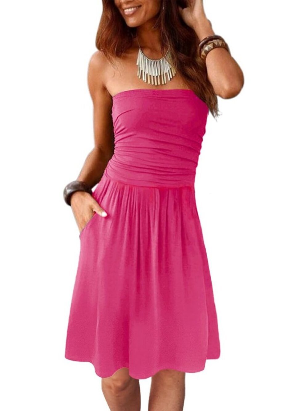 Women's Hot Pink Strapless Summer Cover Up Backless Sunny Beach Mini Dress